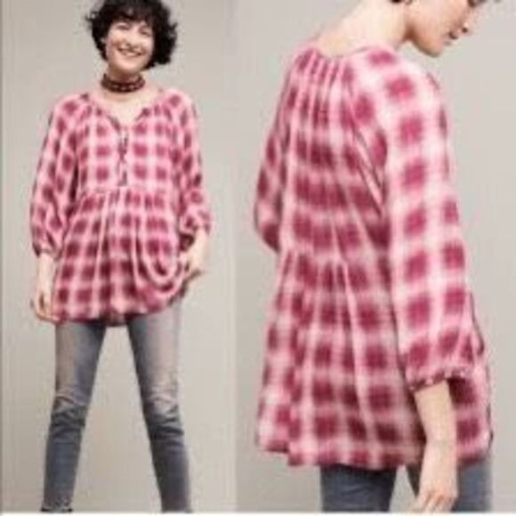 Anthropologie Maeve Women's Cavalon Pink Plaid Popover Tunic 100% Rayon … - Picture 1 of 8